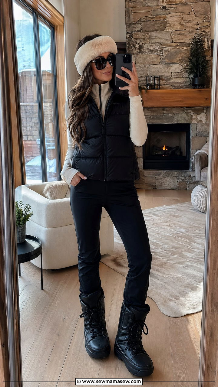Faux Fur Headband And Down Vest - 35 Ski resort outfit ideas