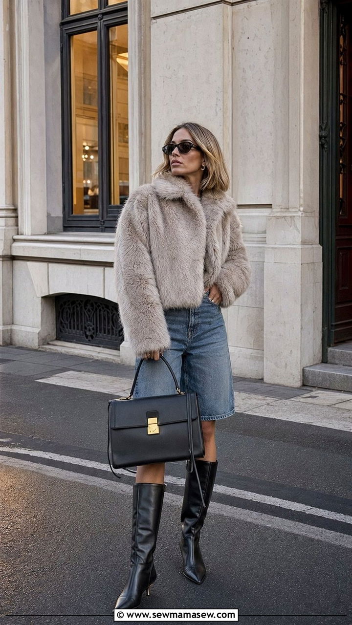 Faux Fur Jacket with Bermuda Shorts and Knee High Boots Outfit - 35 Scandinavian outfit ideas