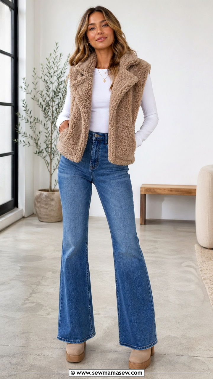 Faux Fur Vest with Long Sleeve Tee and Flare Jeans - 30 spring cool weather outfit ideas