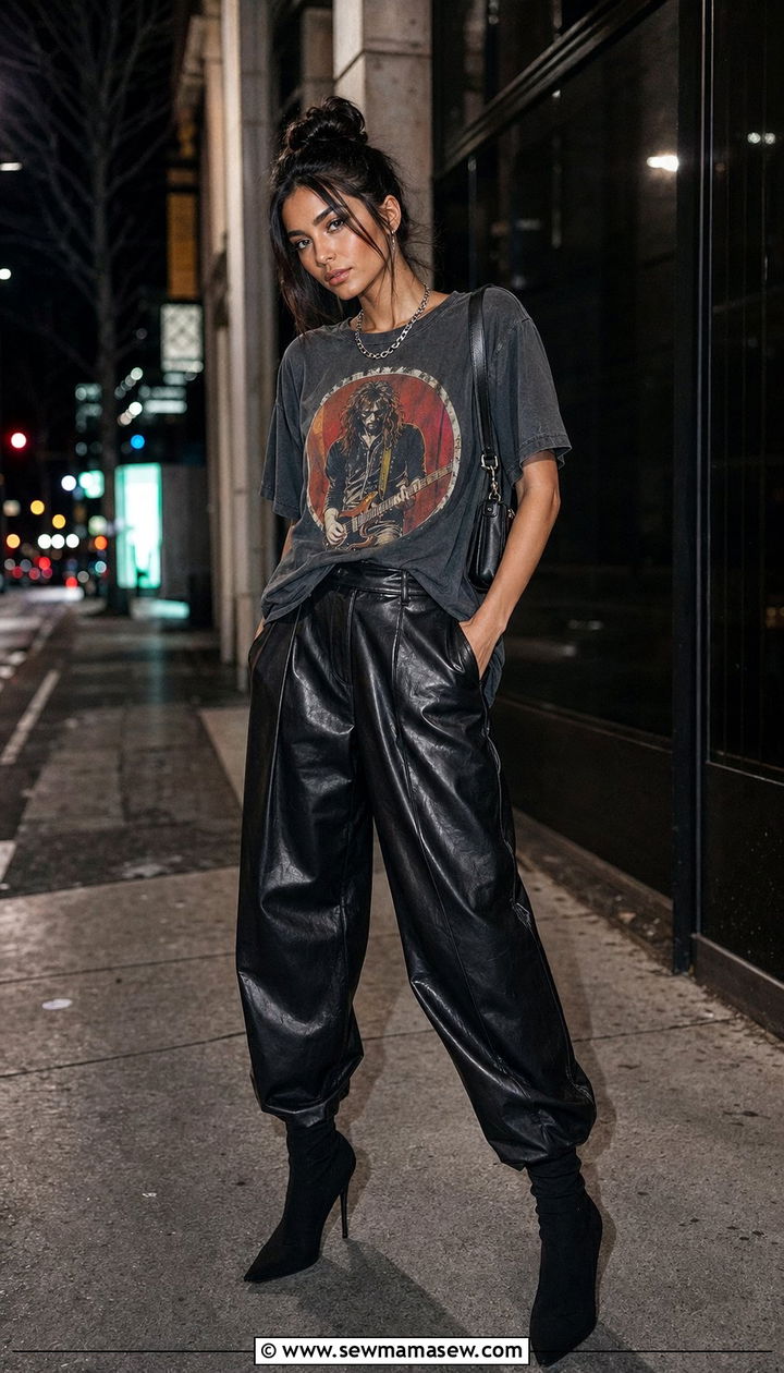 Faux Leather Balloon Pants With Graphic Tee - 30 balloon pants outfits