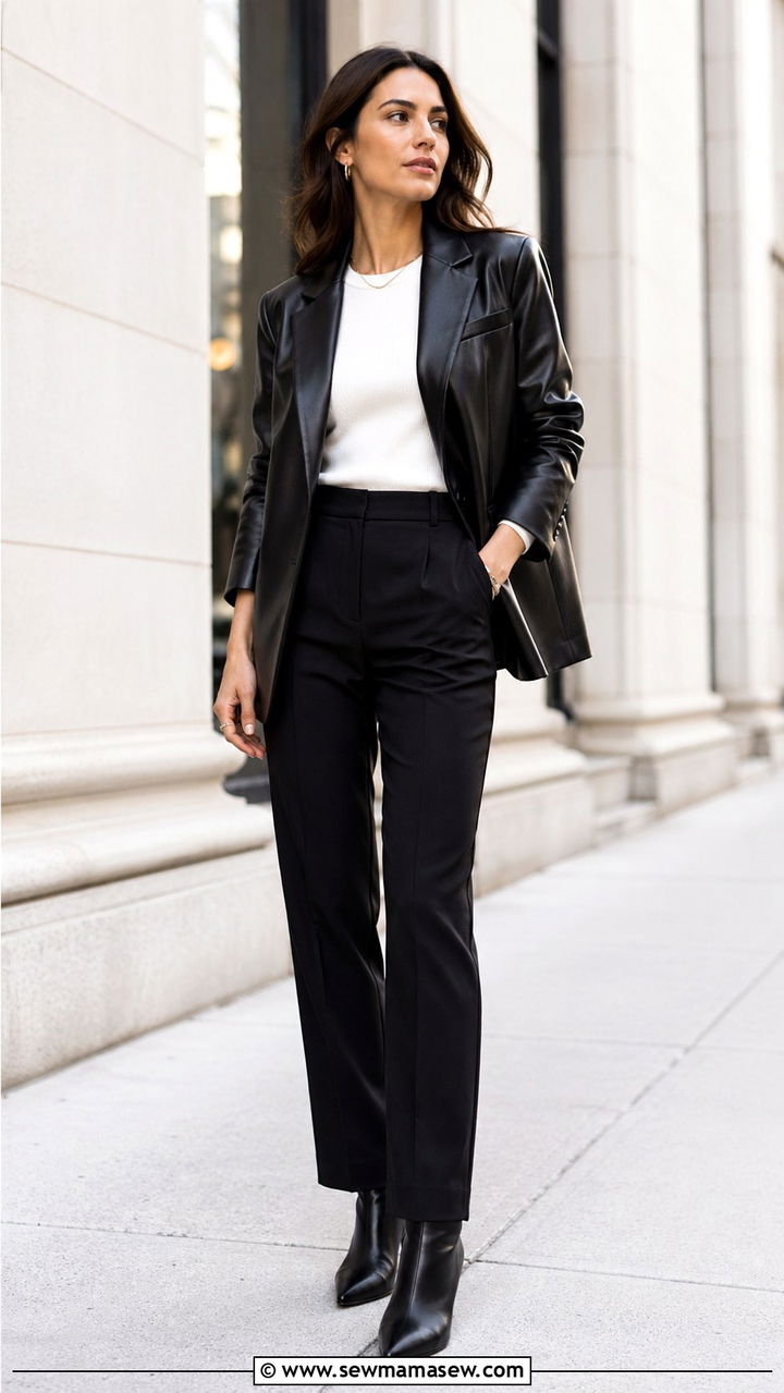 Faux Leather Blazer With Black Tailored Trousers - 35 Elevated work outfit ideas