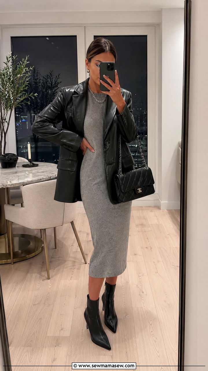 Faux Leather Blazer With Knit Dress - 35 Cold spring outfits