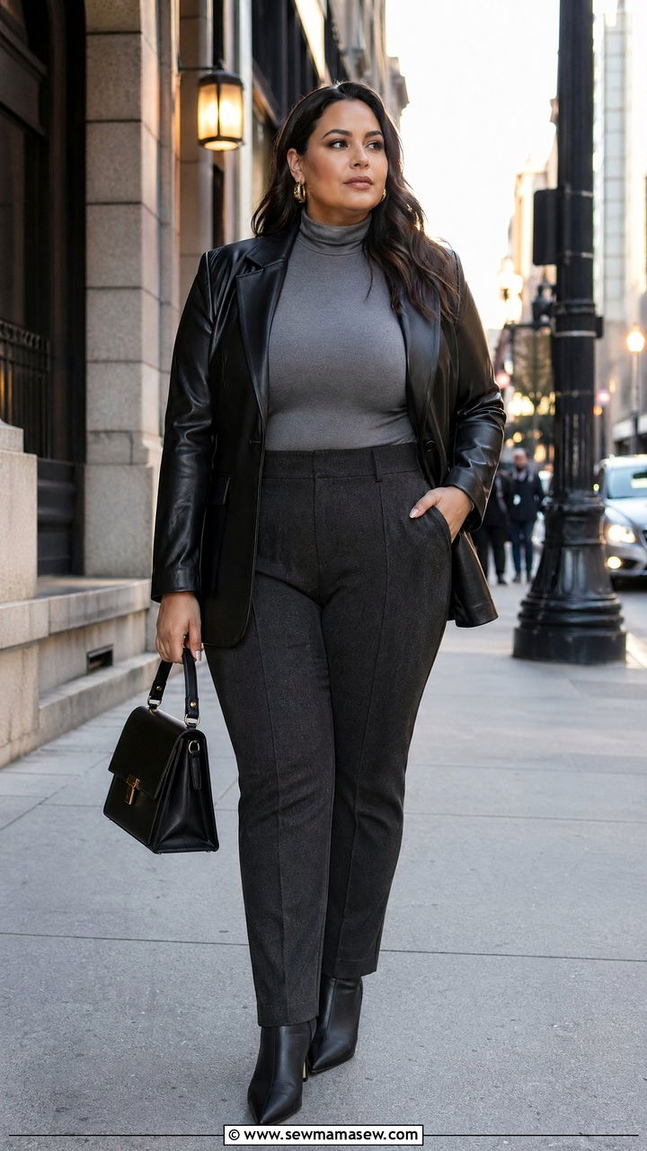 Faux Leather Blazer with Turtleneck - 35 classy outfits for plus size women