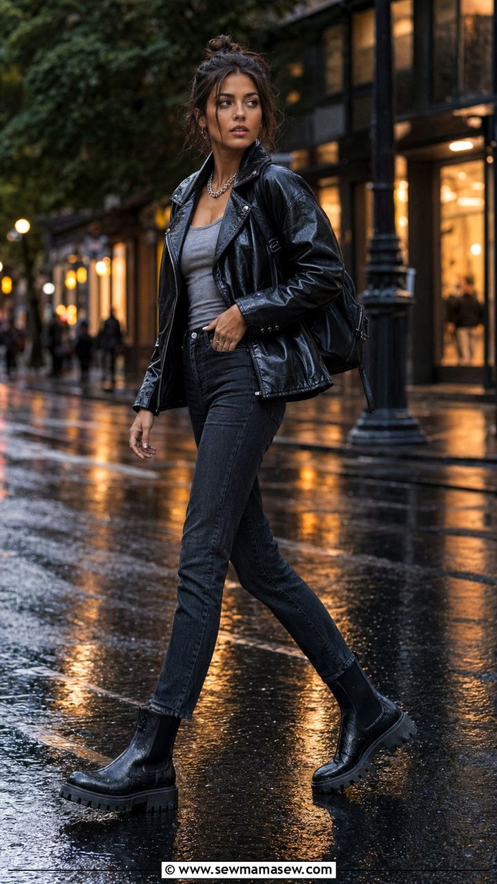 Faux Leather Jacket with Dark Jeans and Chunky Chelsea Boots - 35 Rainy summer outfits