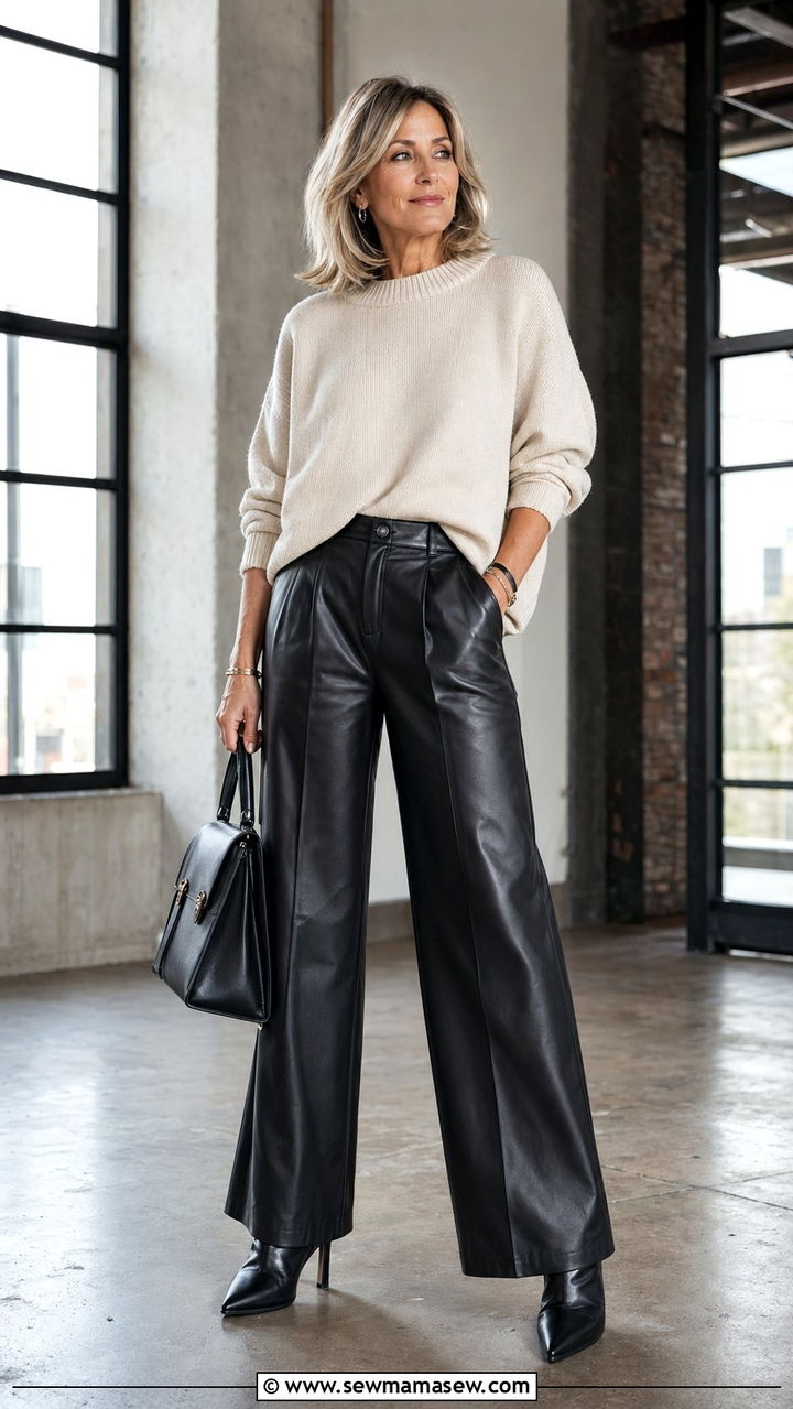 Faux Leather Pants with an Oversized Knit Outfit for Women Over 40 - 30 Best pants for women over 40