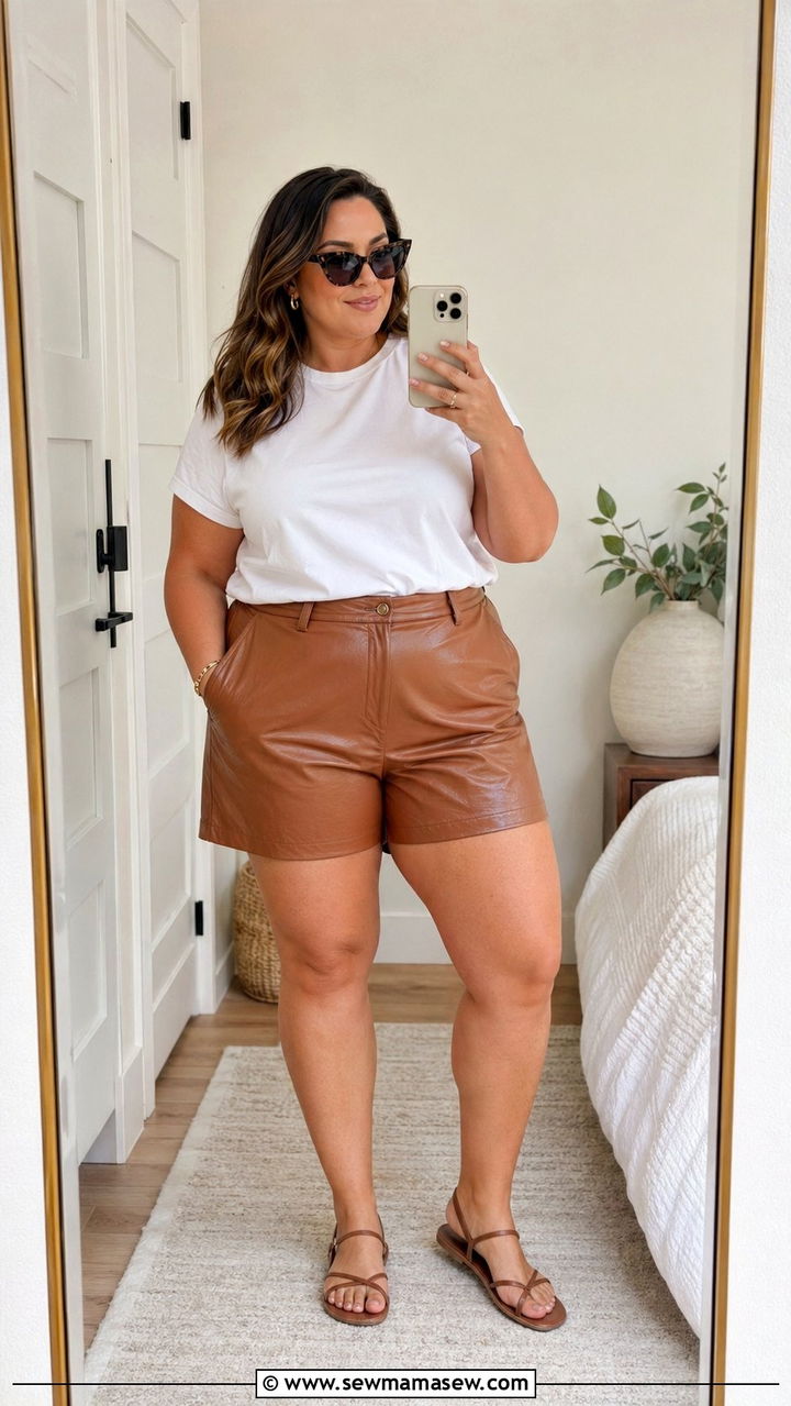 Faux Leather Shorts And White Tee Summer Outfit - 35 Plus size outfit ideas size 20 summer