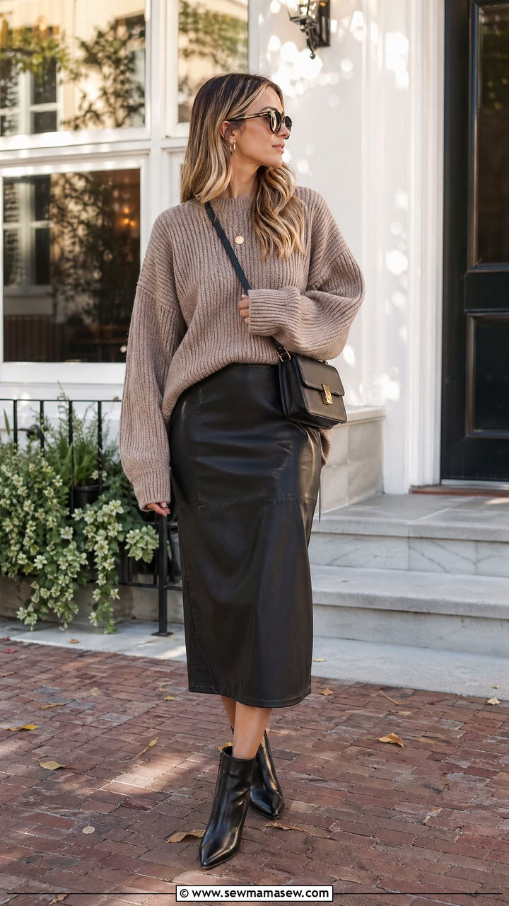 Faux Leather Skirt with Chunky Knit Sweater - 35 Classy brunch outfit ideas