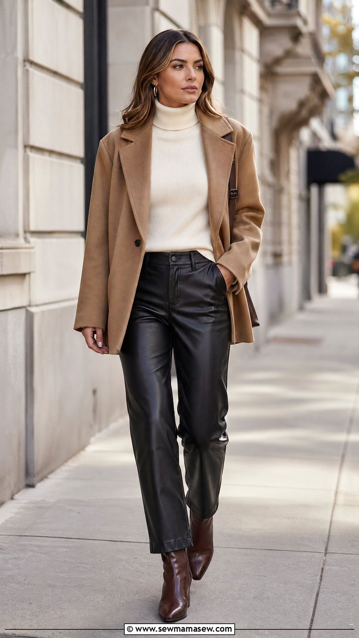 Faux Leather Straight Leg Pants with a Camel Oversized Blazer and Cream Turtleneck - 35 workwear outfit ideas for women