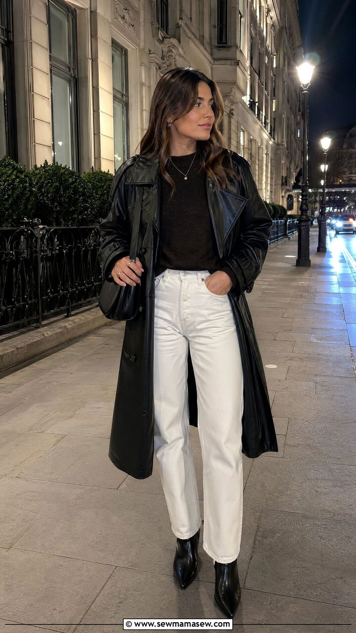 Faux Leather Trench White Straight Leg Jeans And Ankle Boots - 35 spring street style outfit ideas