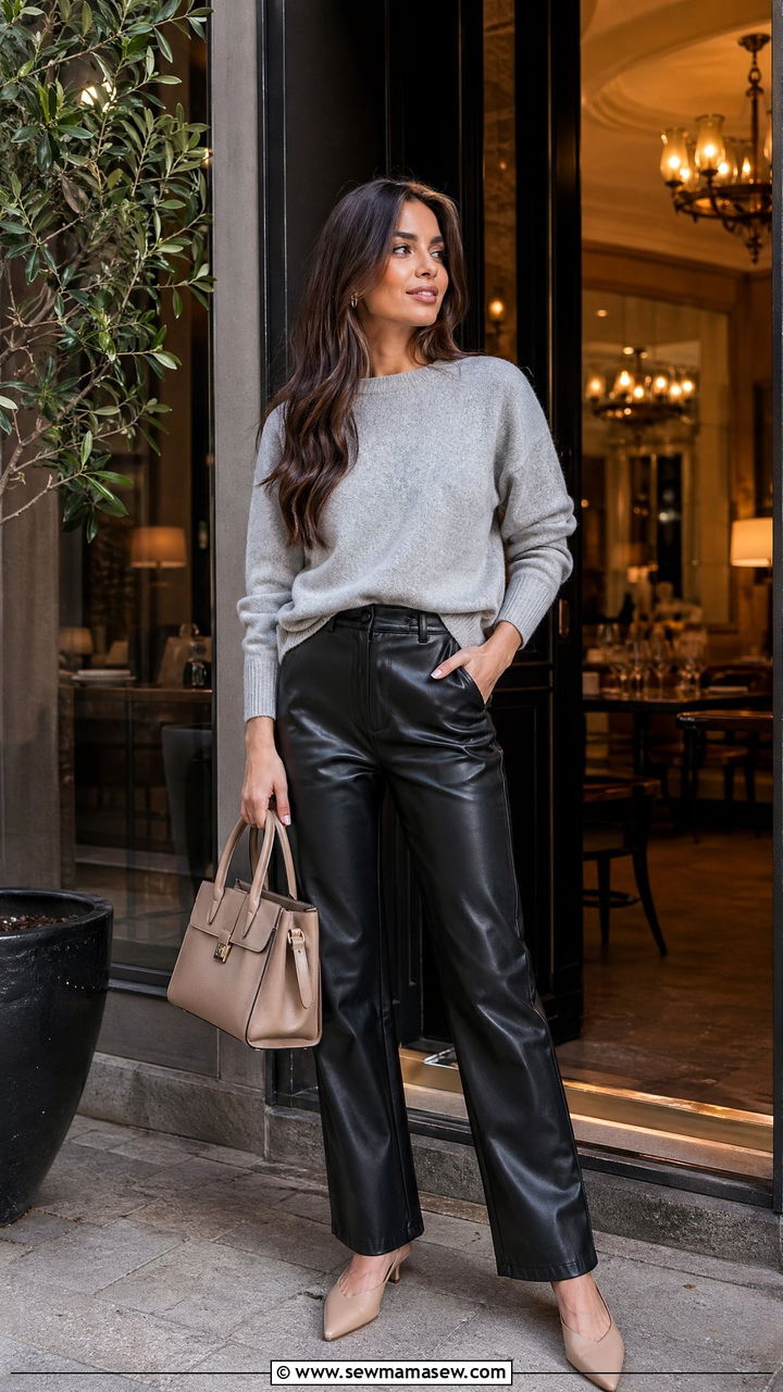 Faux Leather Trousers With Cashmere Sweater and Pointed Toe Flats - 35 Spring transition outfits