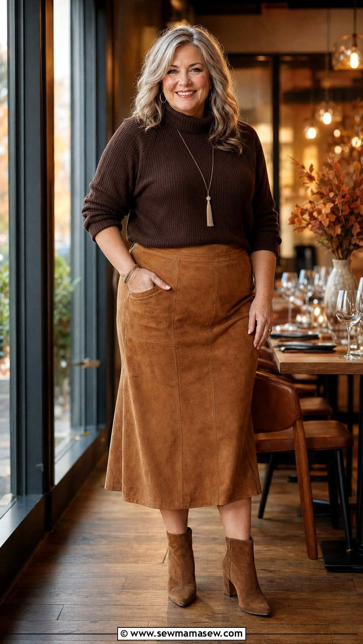 Faux Suede Midi Skirt With Mock Neck Sweater - 35 Plus size outfits for women over 50