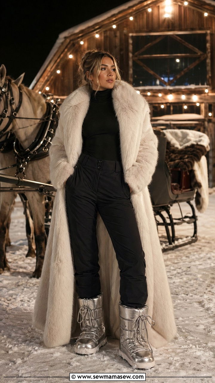 Faux fur coat and moon boots outfit - 35 Mountain vacation outfit ideas