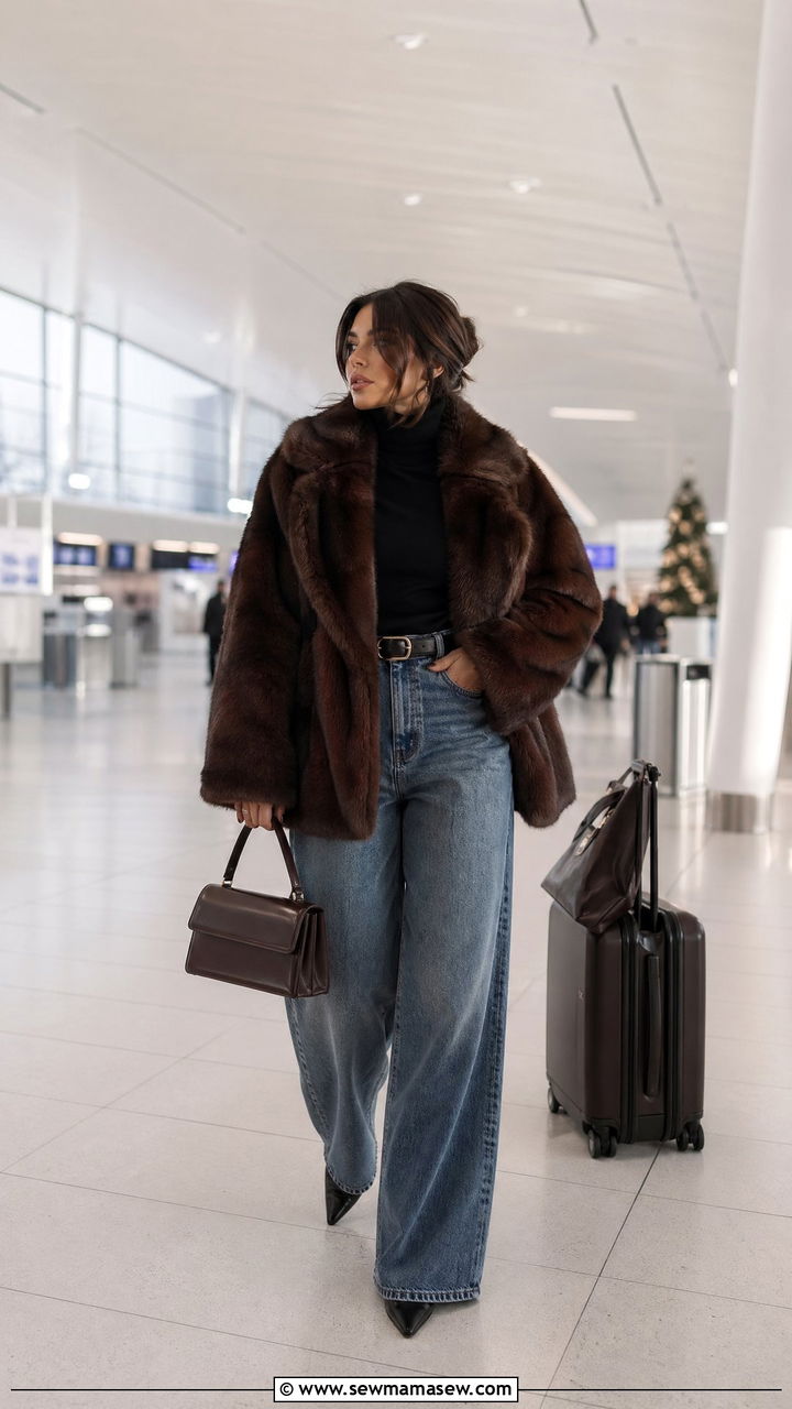 Faux fur coat and wide leg jeans airport outfit - 35 chic airport outfits for women