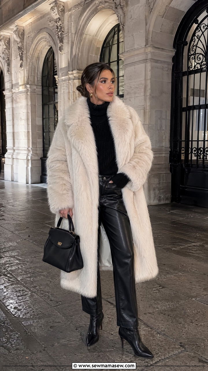Faux fur coat with black leather trousers and heeled boots - 40 What to wear in Berlin