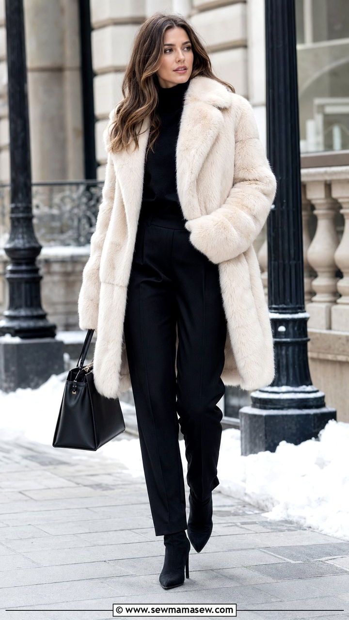 Faux fur coat with black trousers and sleek accessories - 35 Rich mom outfit ideas