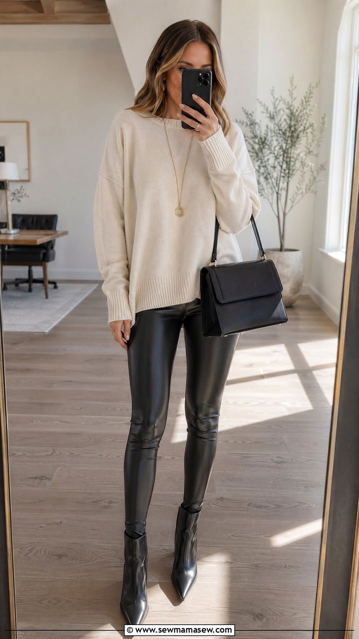Faux leather leggings with an oversized cashmere sweater and ankle boots - 35 Consultant outfit ideas