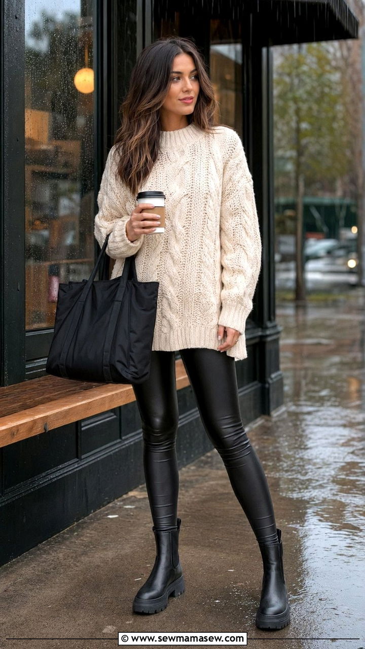 Faux leather leggings with oversized knit sweater - 35 rainy day outfits for women