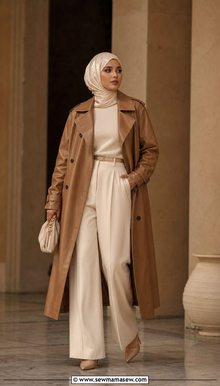 Faux leather trench with monochrome base - 35 Modest outfit ideas for hijabis