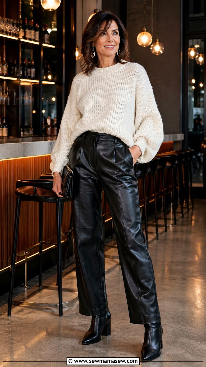 Faux leather trousers and chunky knit outfit for women over 40 - 35 Going out outfit ideas women over 40