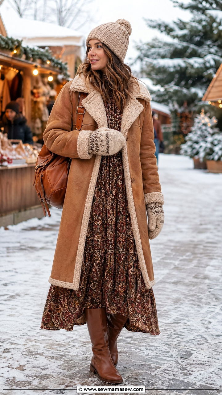 Faux shearling coat with maxi dress - 35 transitional boho outfit ideas