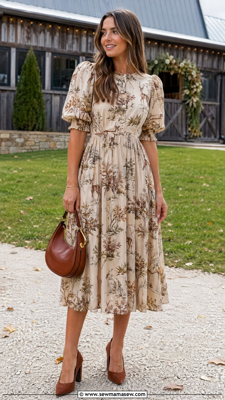 Fawn Print Puff Sleeve Midi Dress With Brown Accessories - 35 Wedding guest outfit ideas 2026