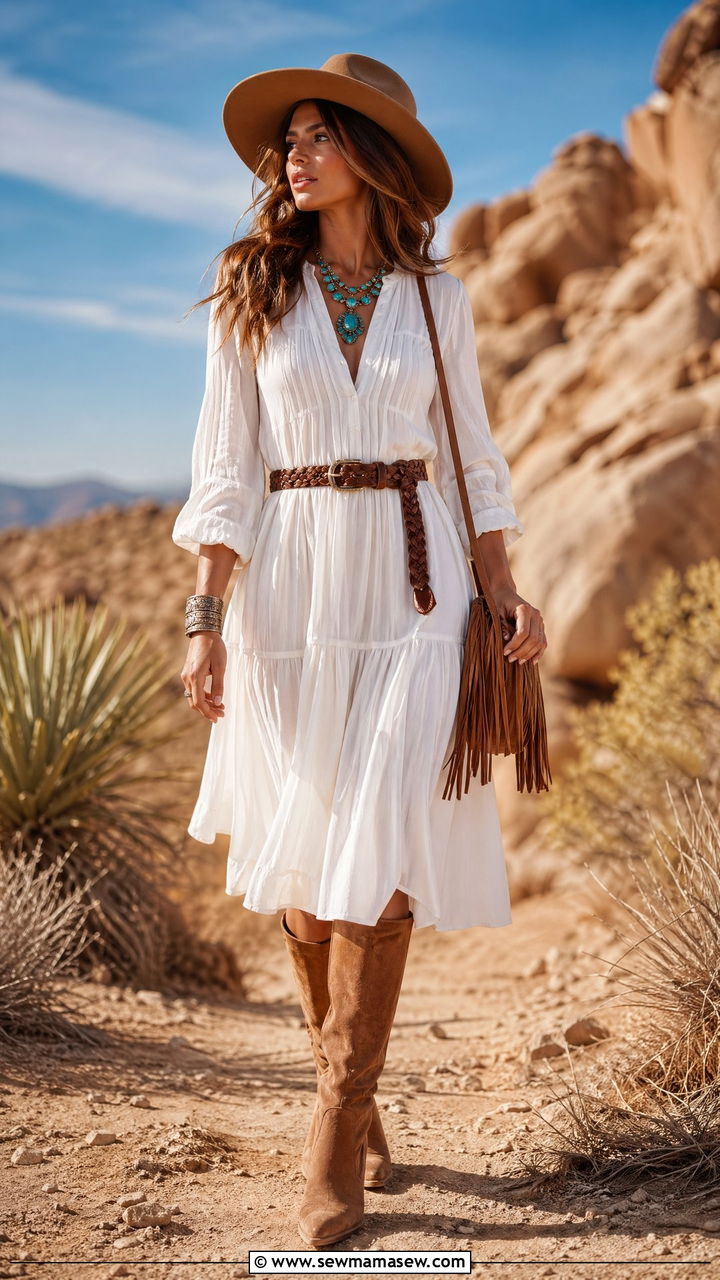 Felt Hat With White Cotton Dress And Suede Boots - 35 Western boho outfit ideas