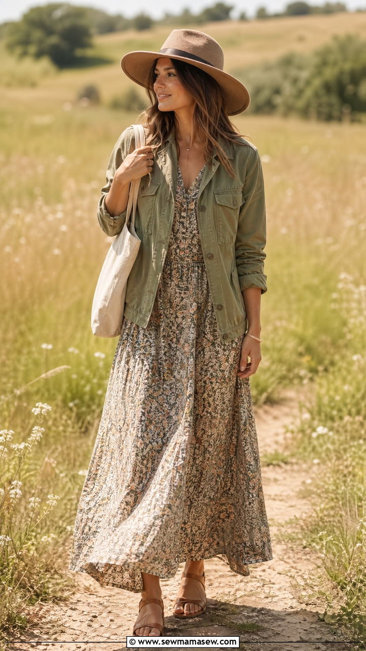 Field Jacket with Maxi Dress and Sandals - 35 transitional outfits casual