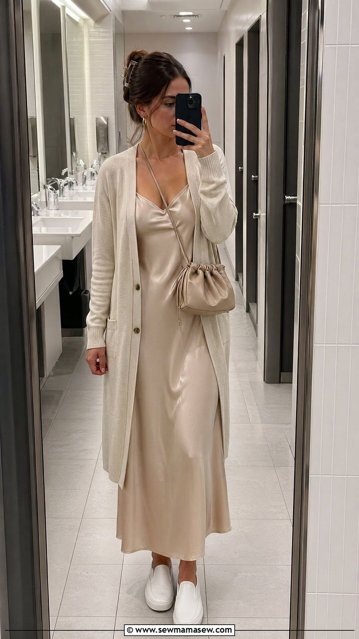 Fine Gauge Cardigan and Slip Dress Airport Outfit - 35 classy airport outfit ideas