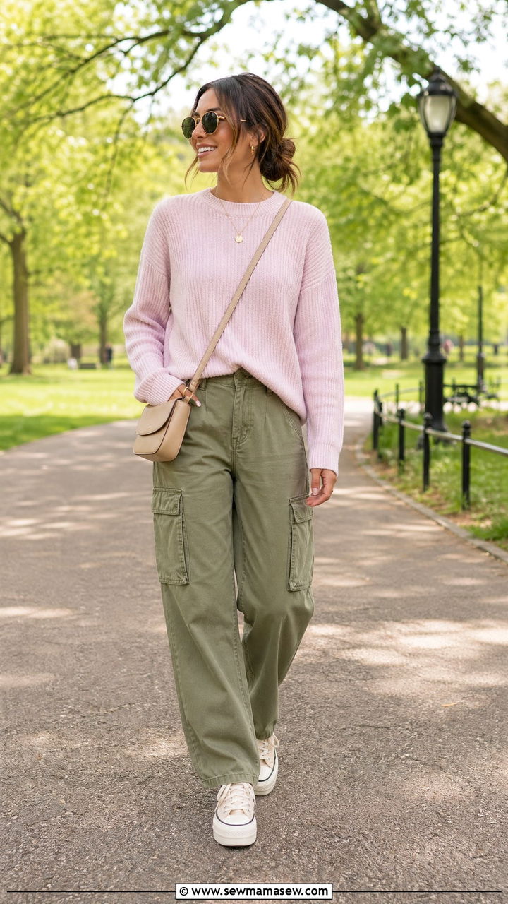 Fine Knit Crewneck with Cargo Pants - 35 Summer transition outfits for women