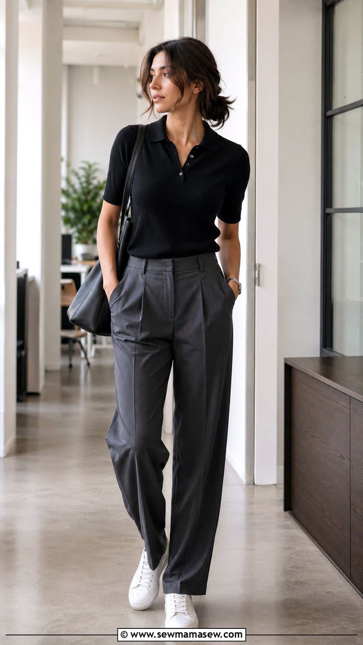 Fine Knit Polo With Pleated Trousers And Minimal Sneakers - 35 Elevated work outfit ideas