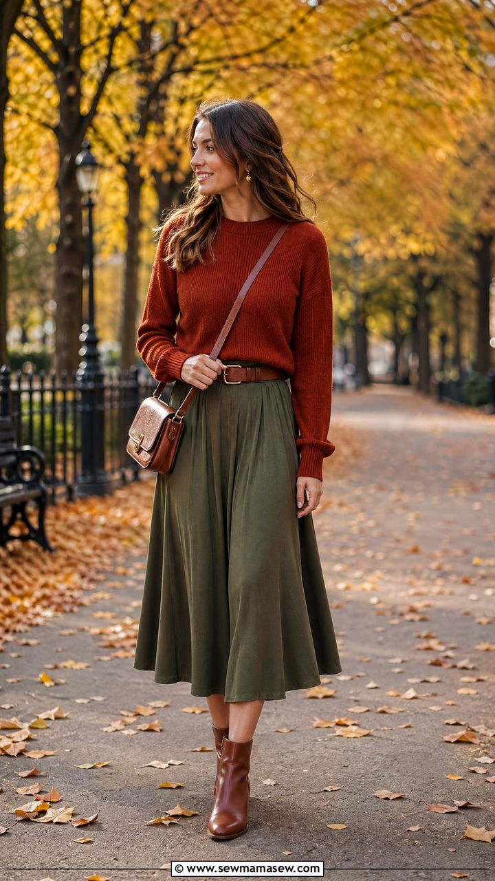 Fine Knit Rust Sweater With Olive Midi Skirt And Ankle Boots - 35 classy summer to fall outfits