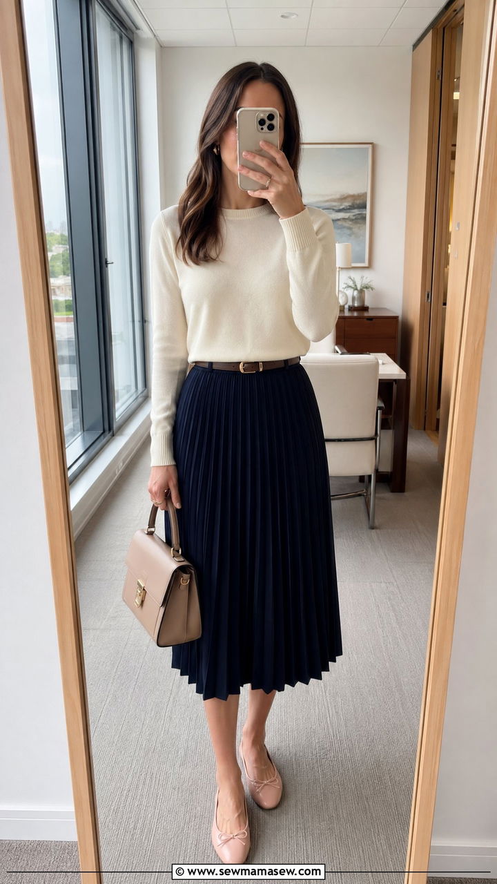 Fine Knit Sweater With A Pleated Midi Skirt - 35 Classic business casual outfits