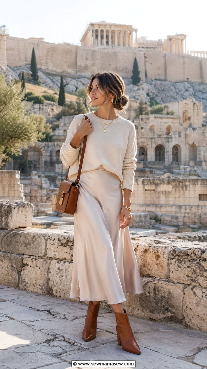 Fine Knit Sweater With Midi Skirt And Ankle Boots - 35 Spring Greece outfit ideas