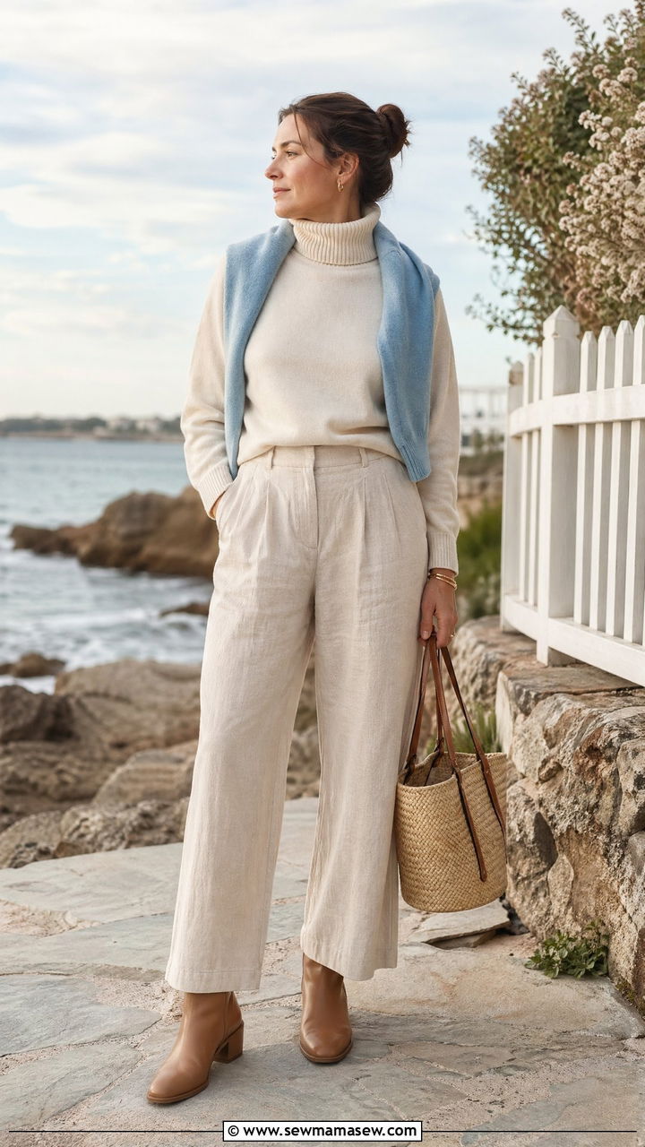 Fine knit turtleneck and linen trousers coastal grandmother look - 35 coastal grandmother outfits ideas