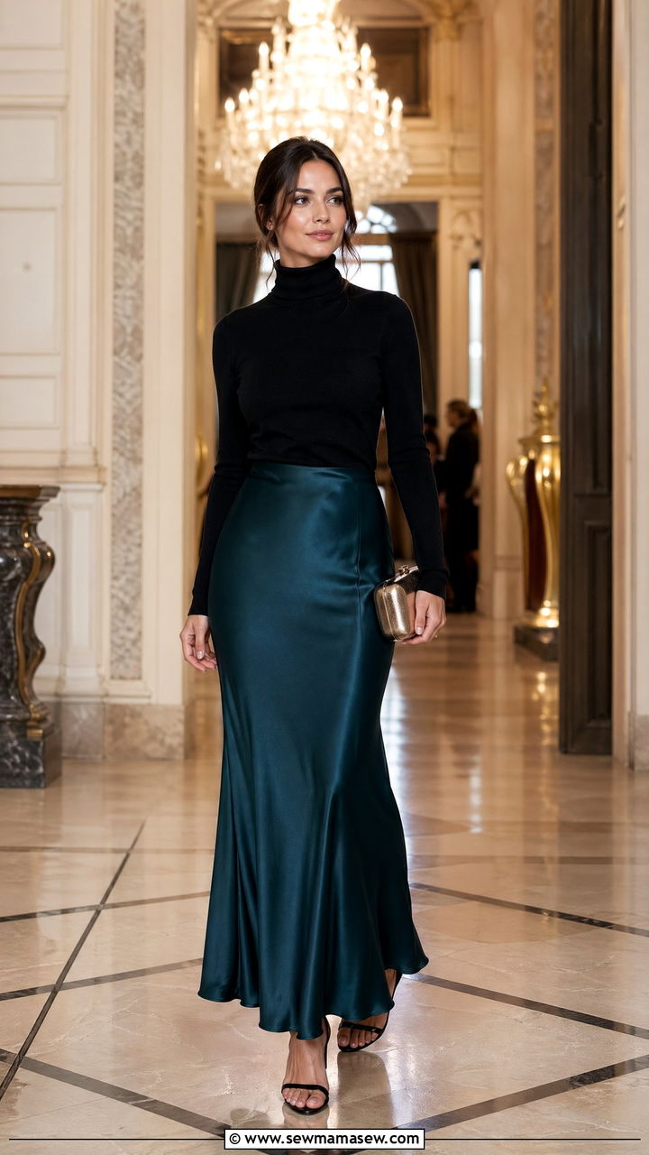 Fine knit turtleneck with satin maxi skirt - 35 Sweater skirt outfit ideas