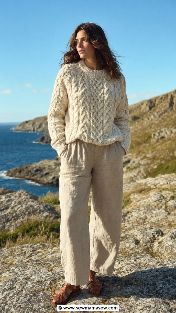 Fisherman aesthetic chunky cable knit and linen trousers outfit - 35 Pinterest outfits