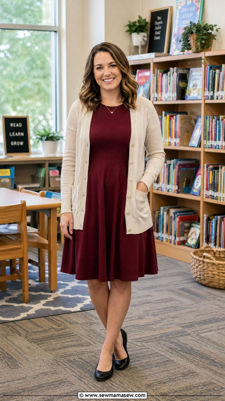 Fit and Flare Dress with Cardigan and Comfortable Flats - 35 teacher outfit ideas for women