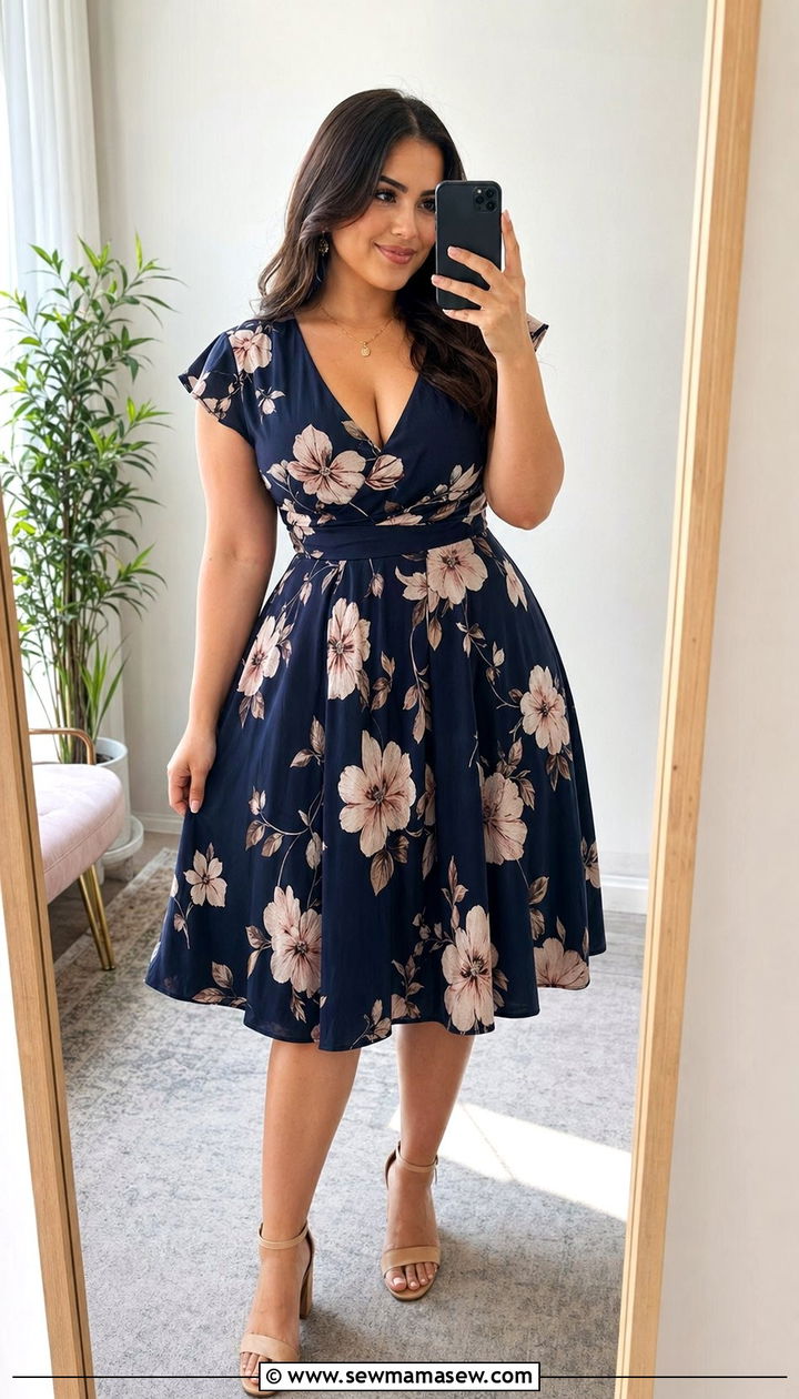 Fit and Flare Floral Dress with Block Heels - 30 wedding guest outfits for hourglass body