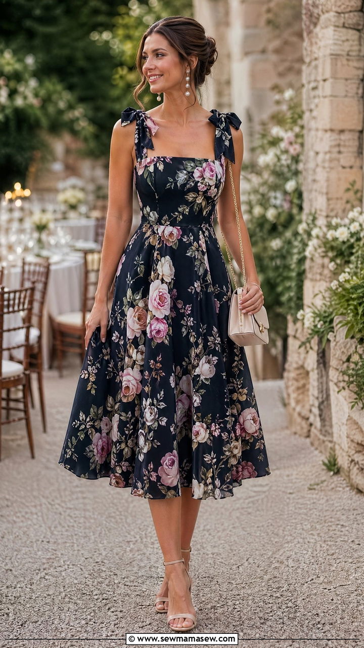 Fit and Flare Floral Midi Dress with Heels Outfit - 35 spring dress outfit ideas