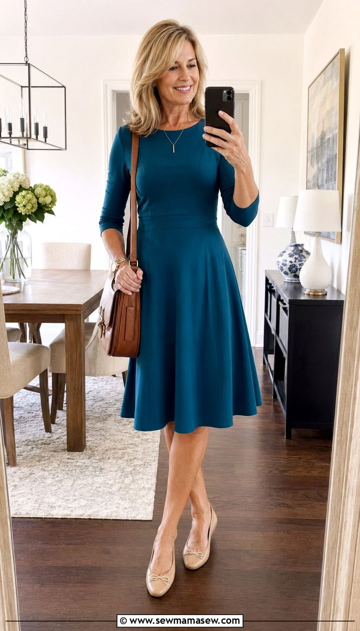 Fit and Flare Knee Length Dress With Ballet Flats - 30 Best dresses for women over 50