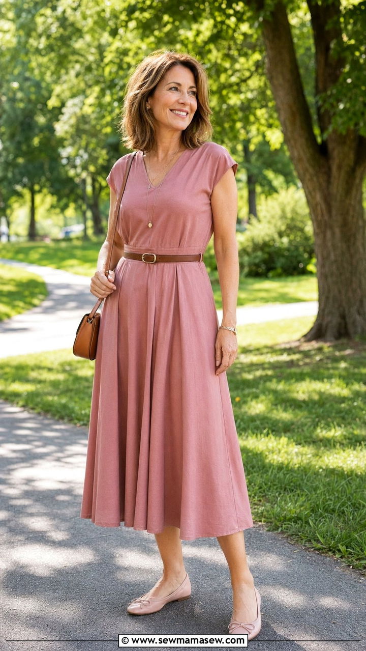 Fit and Flare Midi Dress With Ballet Flats for Women Over 40 - 30 Best dresses for women over 40