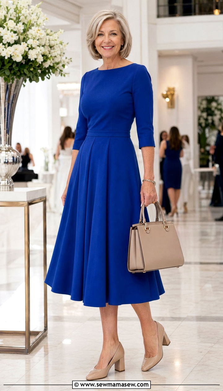 Fit and Flare Midi Dress with Block Heel Pumps - 30 Aesthetic outfit ideas for women over 50