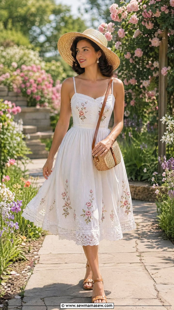 Fit and Flare Sundress with Straw Hat - 35 Vintage 50s outfit ideas