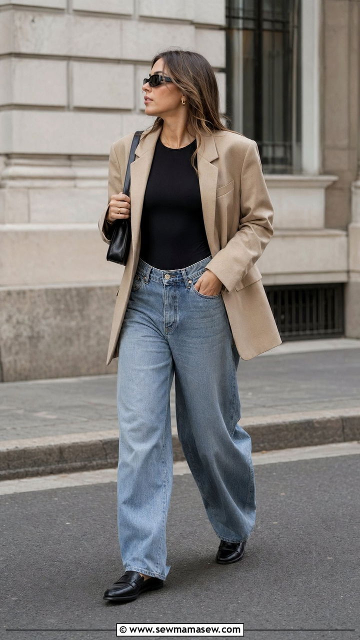 Fitted Bodysuit With Oversized Blazer and Baggy Jeans With Loafers - 30 Baggy jeans outfit ideas with loafers