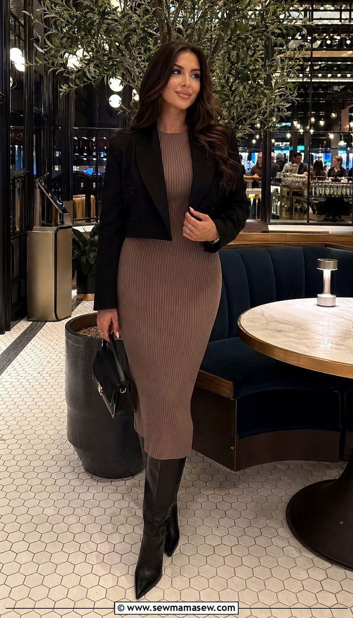 Fitted Knit Dress With Cropped Jacket And Knee High Boots - 30 Windy day outfit ideas
