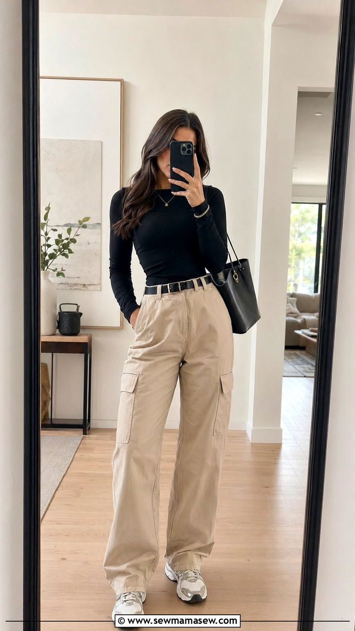 Fitted Long Sleeve Top And Baggy Cargo Pants School Outfit - 30 Back to school outfit ideas clean girl 2026