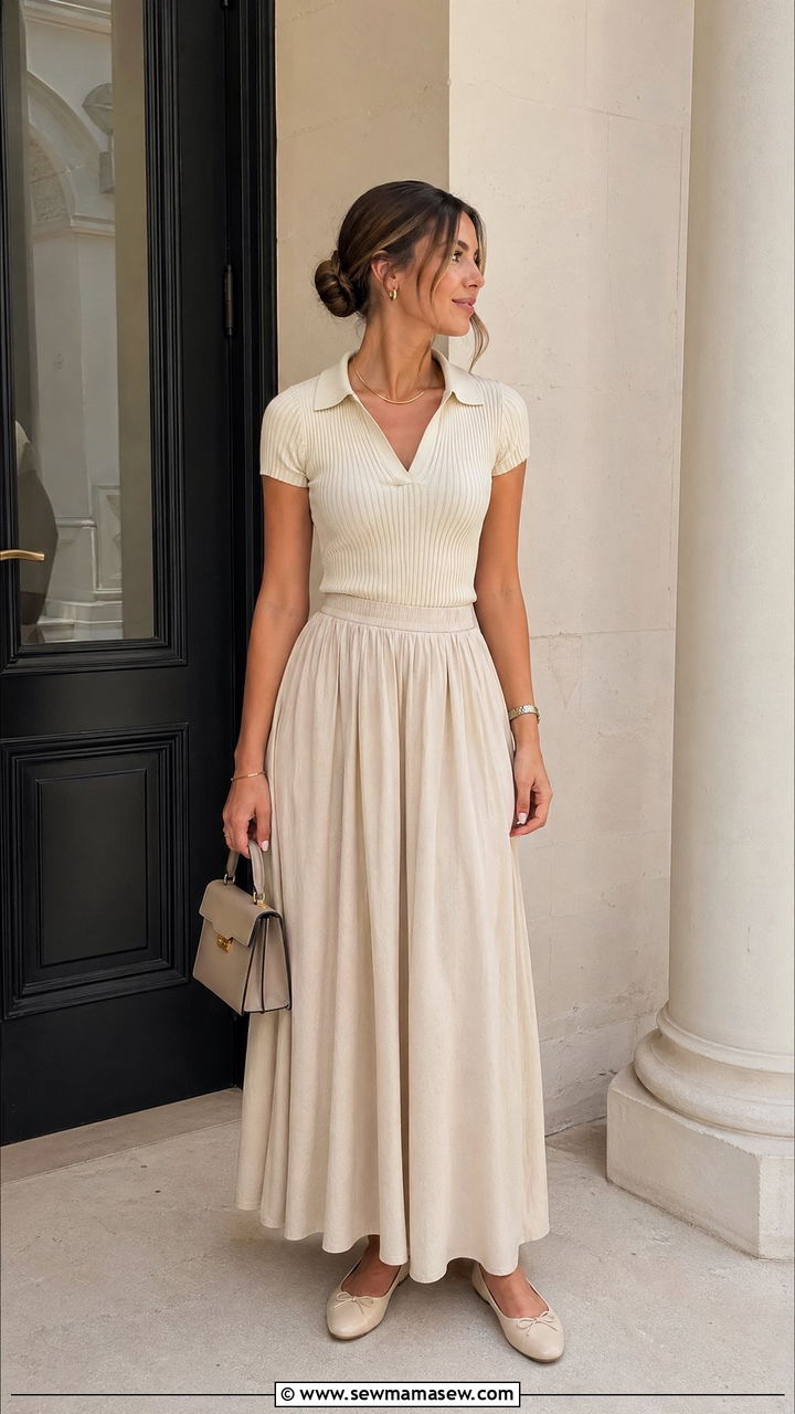 Fitted Polo Knit Top with a Long Maxi Skirt and Ballet Flats - 35 summer clean girl outfit ideas