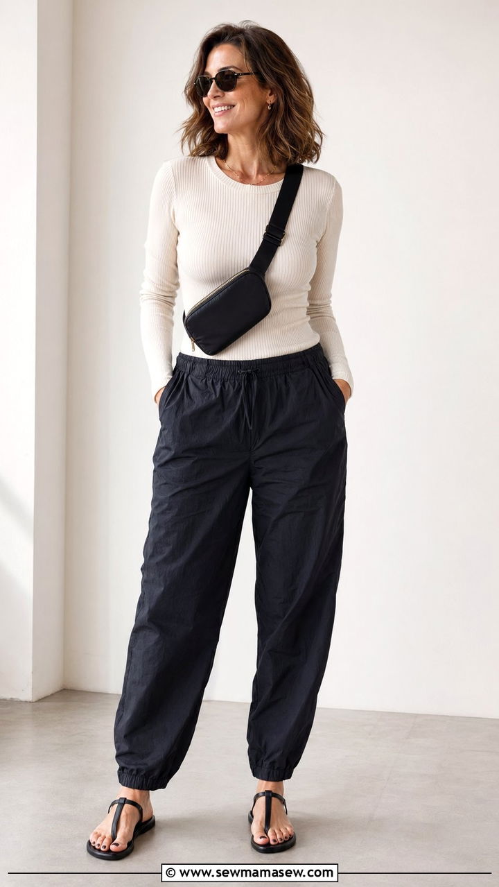 Fitted Rib Knit Top with Parachute Pants Outfit - 30 y2k outfit ideas for women over 40