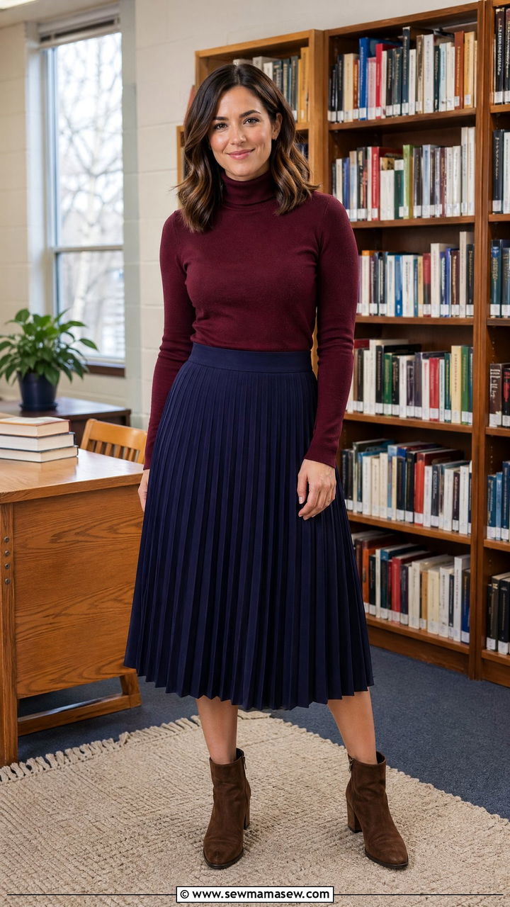 Fitted Turtleneck With Pleated Midi Skirt and Ankle Boots - 35 teacher outfits for women