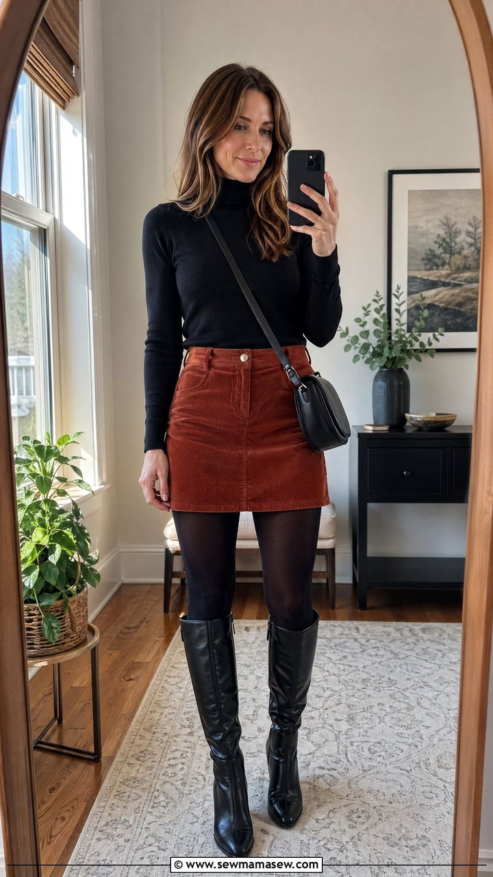 Fitted Turtleneck with Corduroy Mini Skirt - 35 classy outfits for women over 30